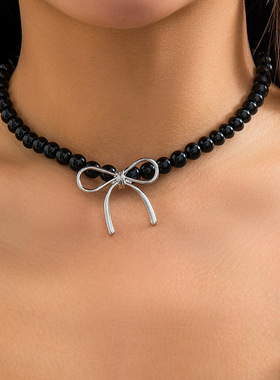 Black bow bead necklace for women时尚黑色蝴蝶结珠女项链