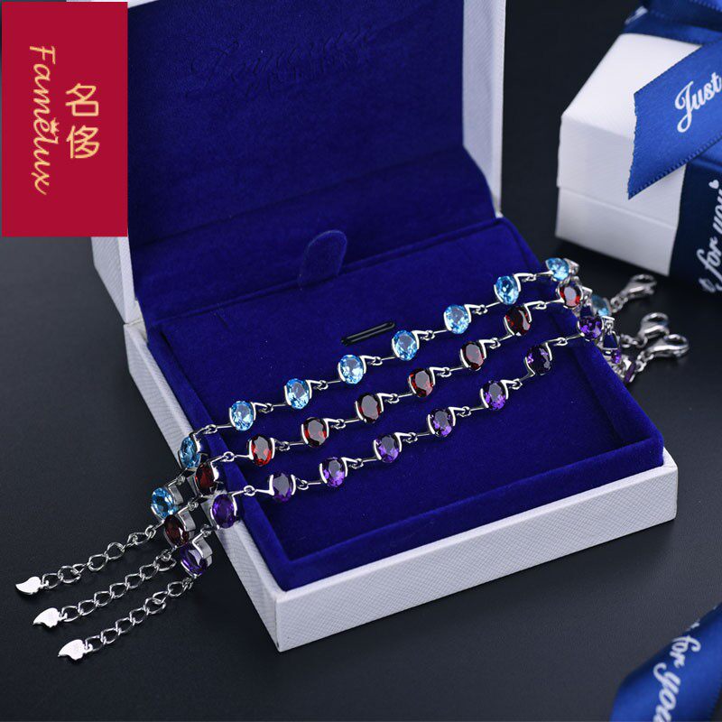 天然红石榴石女925银镶彩色手链 名侈手链
