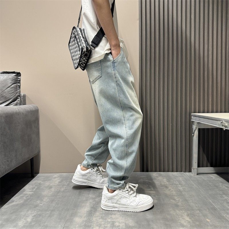 秋冬加绒加厚复古水洗做旧浅蓝色牛仔裤男宽松老爹休闲裤男哈伦裤,淘宝优惠券,粉丝福利购,淘宝优惠卷