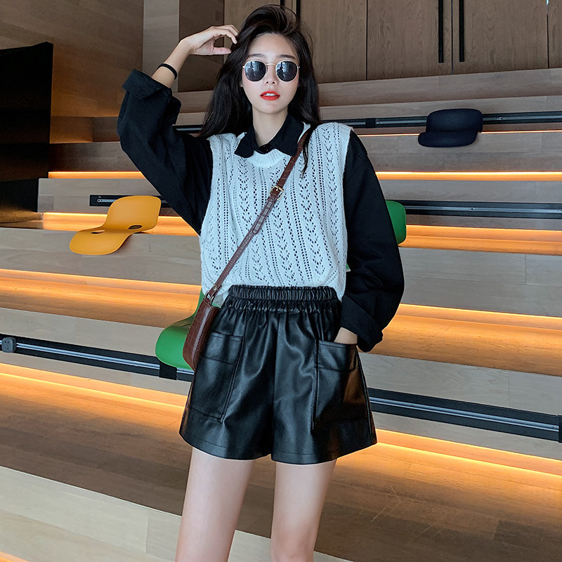 女短裤高腰秋冬季2020新款宽松皮裤 loannina休闲裤