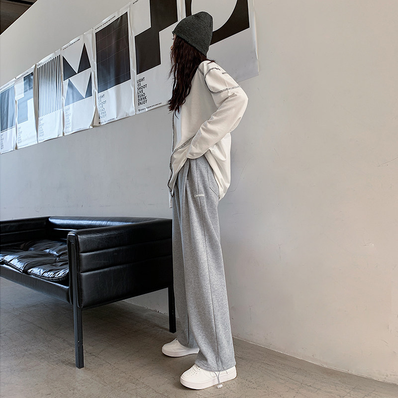 灰色宽松束脚秋冬直筒显瘦潮运动裤 loannina休闲裤