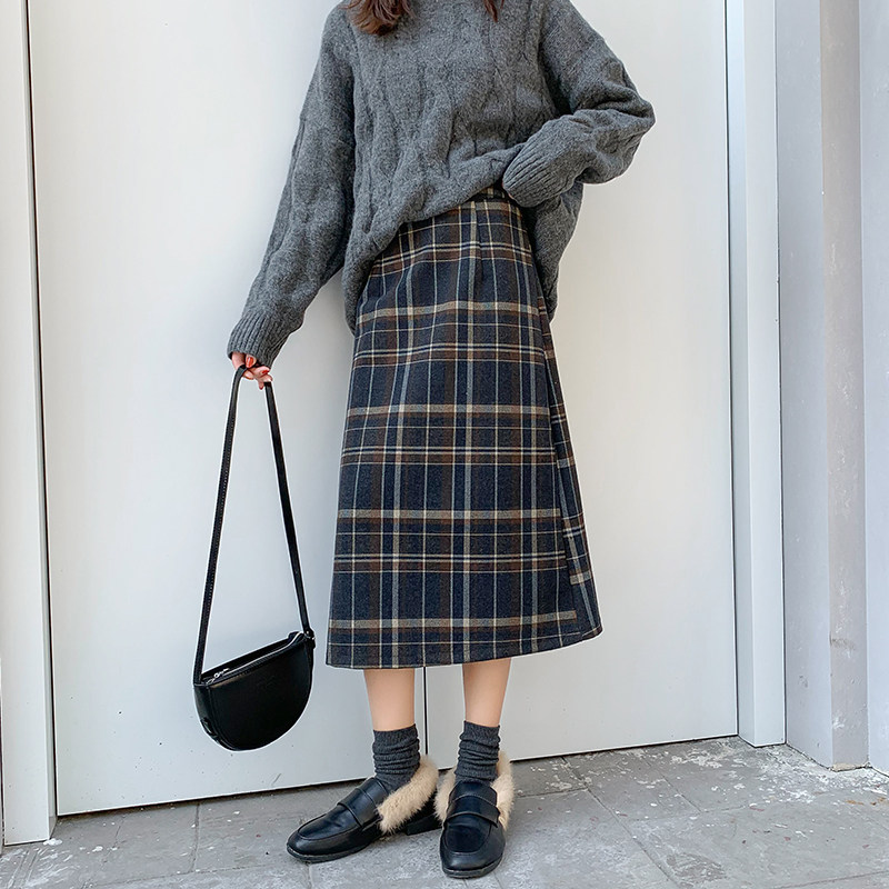 针织格子秋冬高腰显瘦直筒裙半身裙 loannina半身裙
