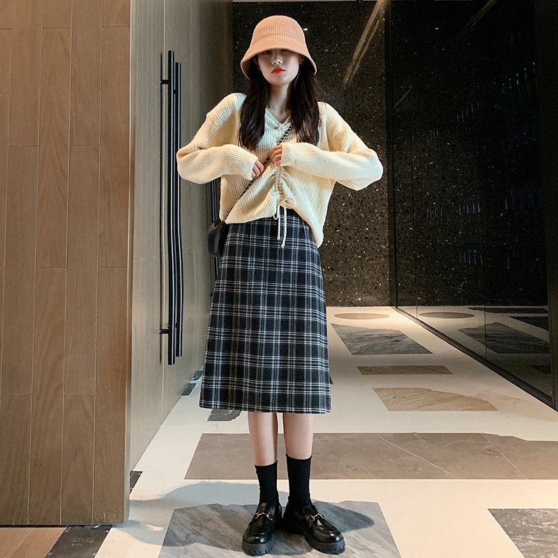 毛呢格子秋冬高腰遮胯直筒裙半身裙 loannina半身裙