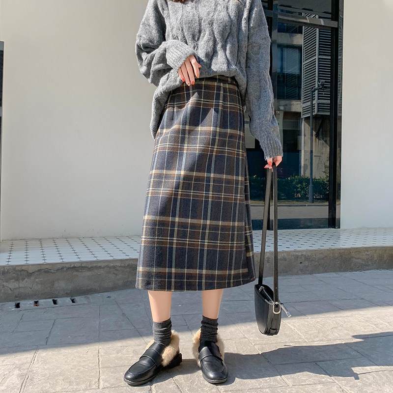 针织格子秋冬高腰显瘦直筒裙半身裙 loannina半身裙