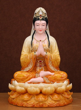 汉白玉观音菩萨佛像家用供奉坐莲南海观世音坐像娑婆三圣真身摆件