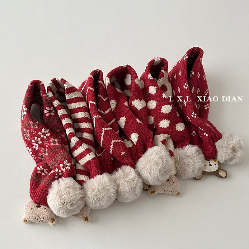 红色喜庆儿童围巾洋气大毛球交叉针织脖套男童女宝宝户外保暖护颈,淘宝优惠券,粉丝福利购,淘宝优惠卷