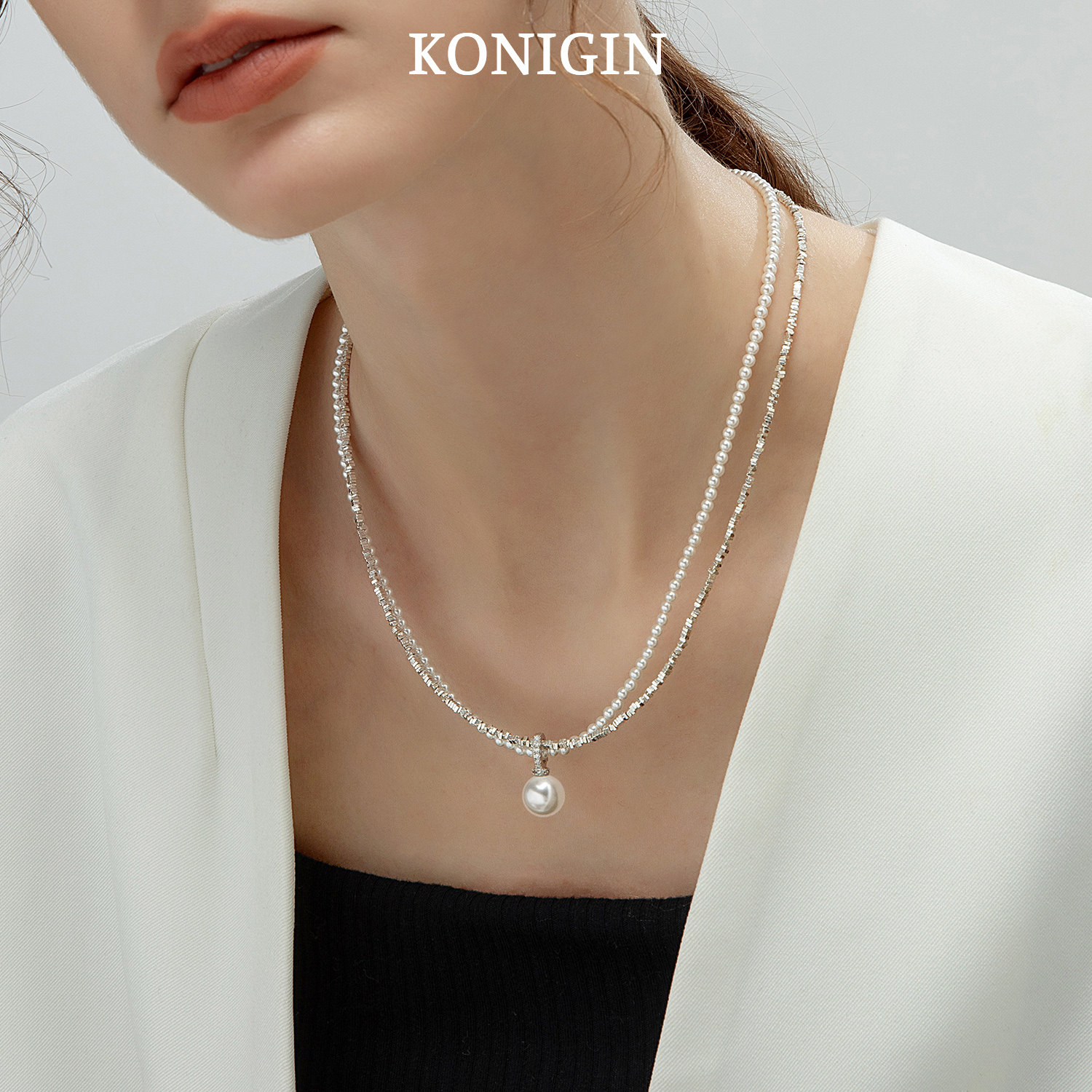 konigin双层缠绕碎银子项链女925纯银珍珠吊坠秋冬毛衣链颈链配饰,淘宝优惠券,粉丝福利购,淘宝优惠卷