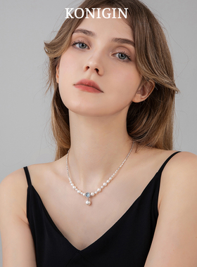 碎银海蓝宝珍珠项链女