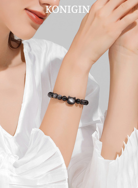 金曜石猫咪手链女银曜石猫头手串