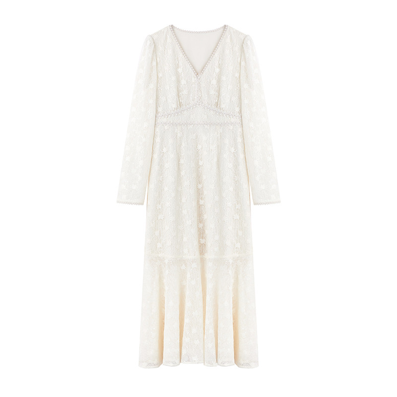 秋水伊人法式V领蕾丝连衣裙女2025年初秋新款长袖优雅通勤长裙子,淘宝优惠券,粉丝福利购,淘宝优惠卷