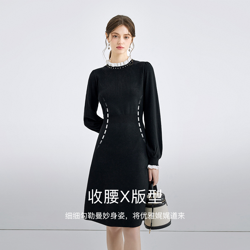 秋水伊人法式针织连衣裙2025秋冬季新款女装收腰内搭打底黑色裙子 - 图0