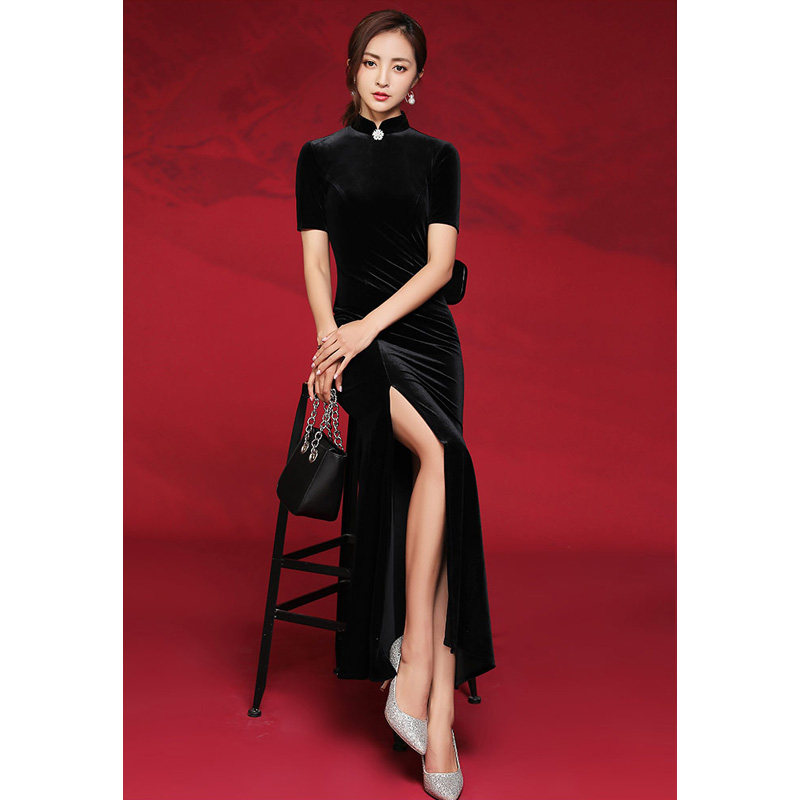 旗袍年轻款黑色丝绒形体服晚礼服 朗格伊娃旗袍