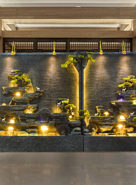 中式庭院假山水幕墙流水摆件