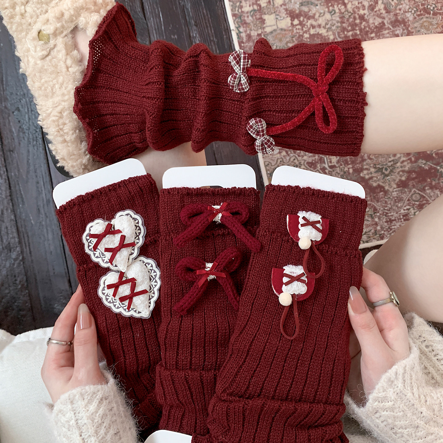 新年红色袜套女日系jk少女甜美蝴蝶结腿套秋冬可爱圣诞节堆堆腿套,淘宝优惠券,粉丝福利购,淘宝优惠卷