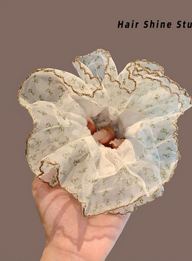新款韩系双层蕾丝大肠发圈碎花蝴蝶结飘带头绳丸子头发饰头花发绳