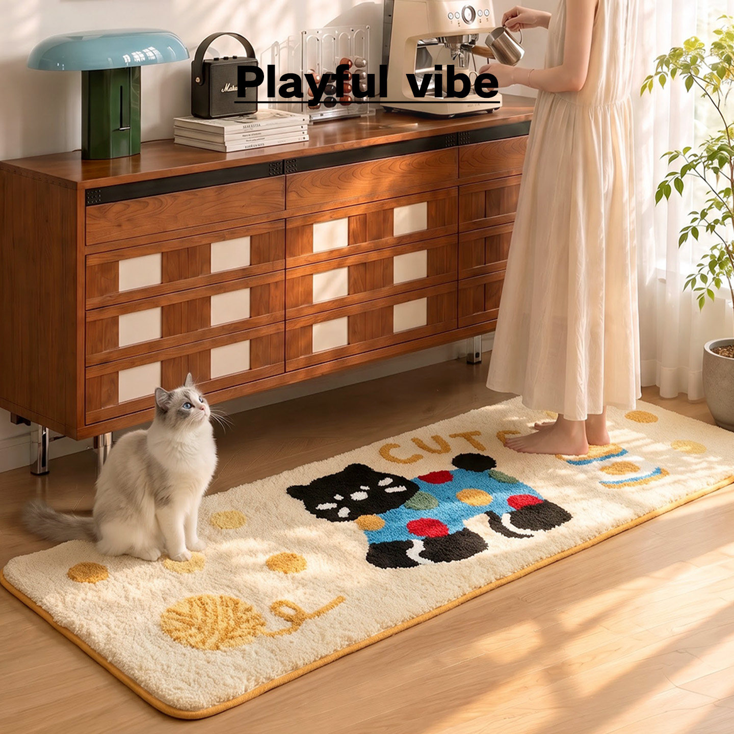 Dajiang ins cartoon black cat strip bedside carpet