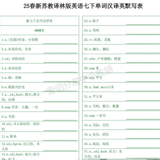 2026新教材苏教译林版初中英语七年级下册每课详细知识点汇总单词表英汉互译音标默写本记忆手册