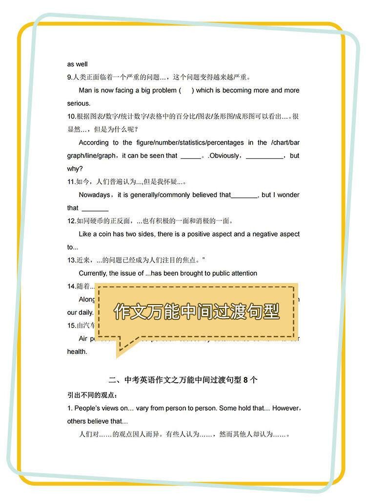 24新初中英语作文素材万能句型模板满分练习册中考背诵范文作文本