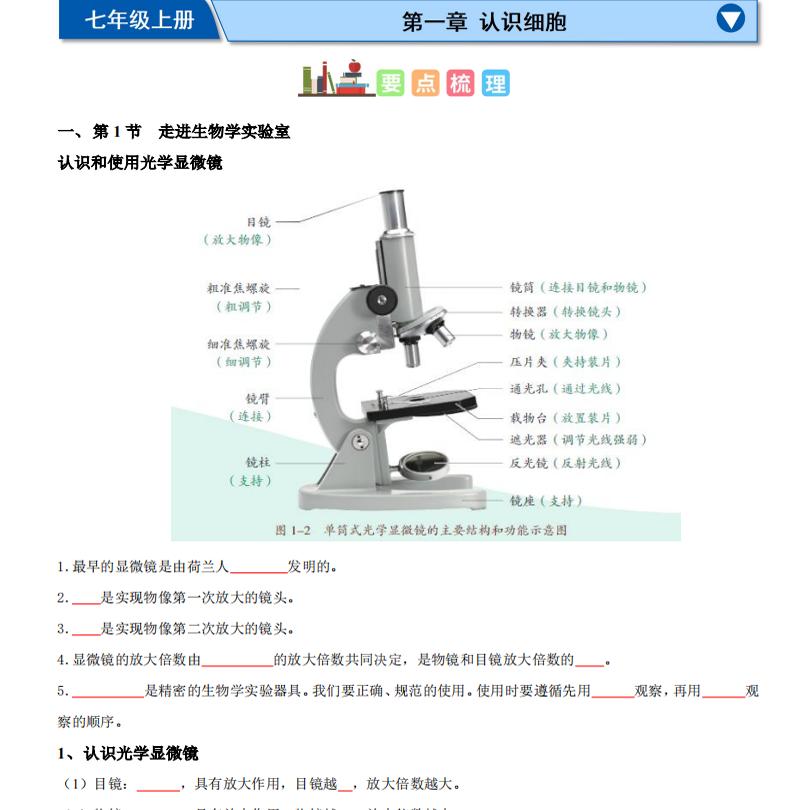 2026年秋新教材苏教版初中生物知识点归纳总结七年级上册单元知识重点梳理背诵默写填空练习本