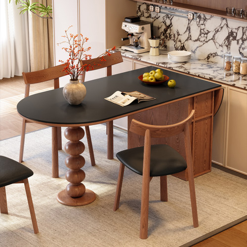 梵创 法式复古中古风实洞石岩板餐桌椭圆形可折叠储物木吃饭桌子 - 图2