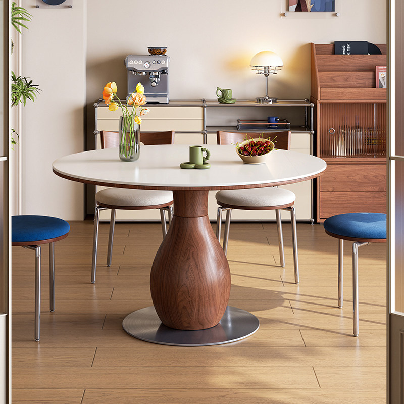 梵创 中古风岩板圆形餐桌轻奢高级感小户型包豪斯全托饭桌椅组合,淘宝优惠券,粉丝福利购,淘宝优惠卷
