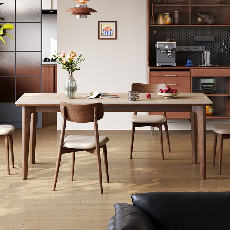 梵创 实木岩板餐桌长方形小户型家用中古风2025年新款德利丰饭桌,淘宝优惠券,粉丝福利购,淘宝优惠卷
