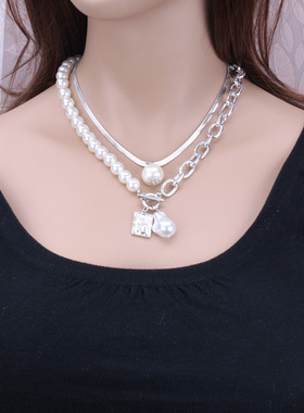 复古巴洛克珍珠蛇骨链方牌项链