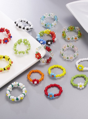 轻奢手工串珠多彩小花戒指女士