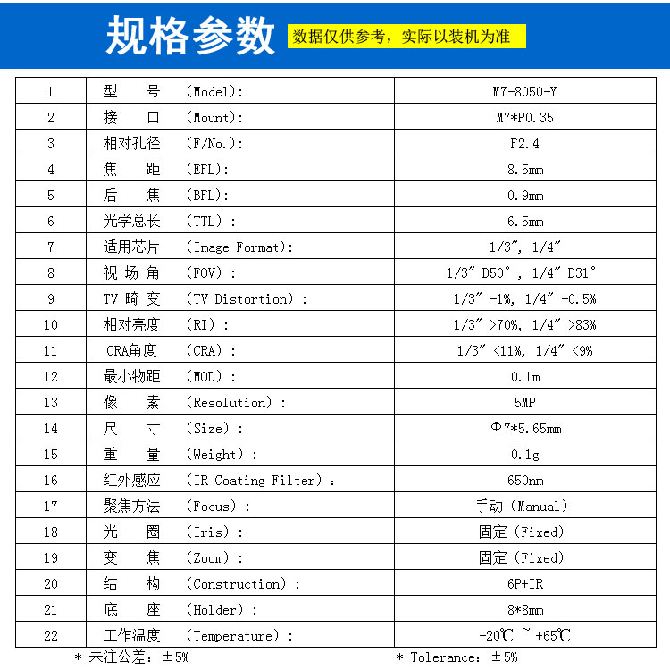 M7小镜头8.5mm焦距1/4视角31度人脸识别用面部扫描微畸变8*8座子 - 图0