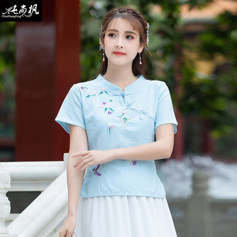 唐装套装女棉麻复古少女旗袍汉服 纯尚枫女装上衣