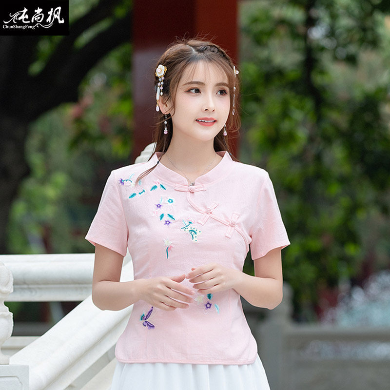 唐装套装女棉麻复古少女旗袍汉服 纯尚枫女装上衣