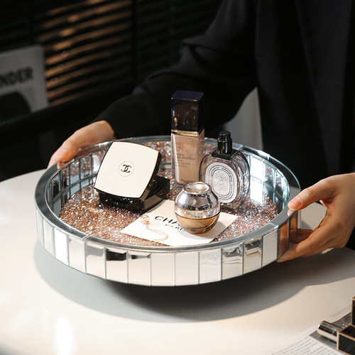 旋转化妆品收纳盒桌面高级感洗手台护肤品收纳架大号香水托盘镶钻 - 图0