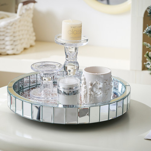 旋转化妆品收纳盒桌面高级感洗手台护肤品收纳架大号香水托盘镶钻 - 图1