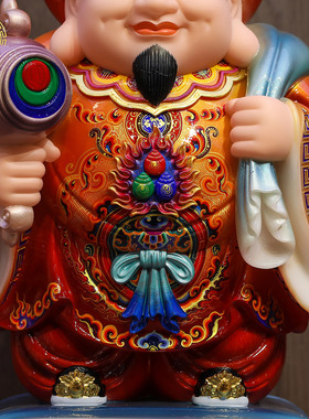 大黑天财神像汉白玉古彩客厅摆件