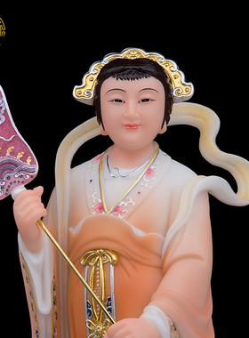 拿扇宫女神像玉石粉左右护法摆件