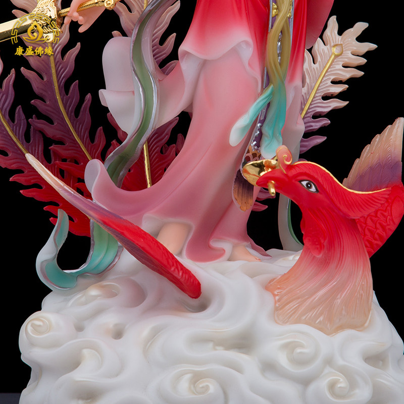 彩绘九天玄女神像飞天玄女踏凤九天玄母娘娘汉白玉道家供奉摆件