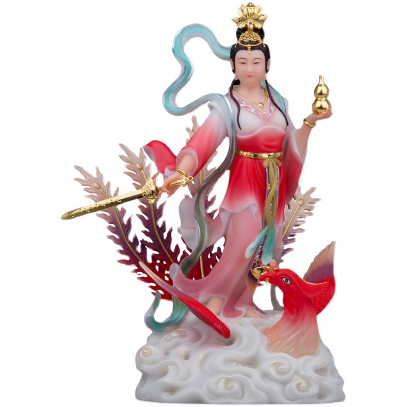 彩绘九天玄女神像飞天玄女踏凤九天玄母娘娘汉白玉道家供奉摆件