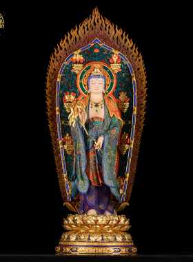 带背光西方三圣佛像黄铜极彩摆件