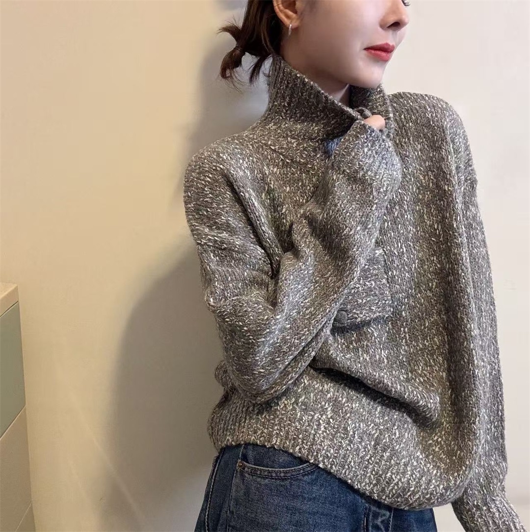 复古堆堆领半拉链高级感针织衫女2025冬季新款高领打底衫毛衣开衫 - 图0