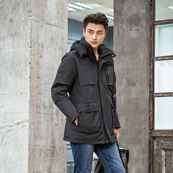 Hansi Men's Korean Style Mid-Length Down Jacket Windproof Casual Multifunctional Pocket Trendy Youth Workwear Group ຊື້ 7A77