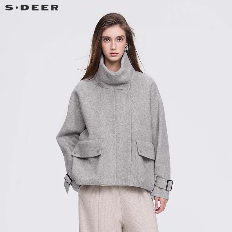 sdeer圣迪奥女装25年新品时尚立领大口袋双面呢短款大衣S254Z2606,淘宝优惠券,粉丝福利购,淘宝优惠卷