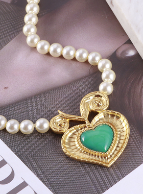 女绿色大爱心珍珠优雅项链