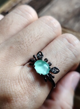 纯天然A货翡翠戒指女款冰晴水小螃蟹925纯银镶嵌活口送女友礼物