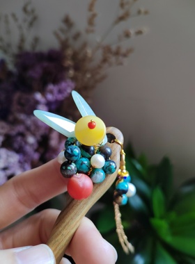 天然绿松石圆珠原创手工设计定制发簪绿檀木蜜蜡南红翡翠套装