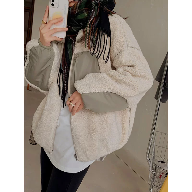 [螃蟹巷 里外都能穿 羊羔撞色拼接棉衣两面穿厚实保暖棉服面包服]