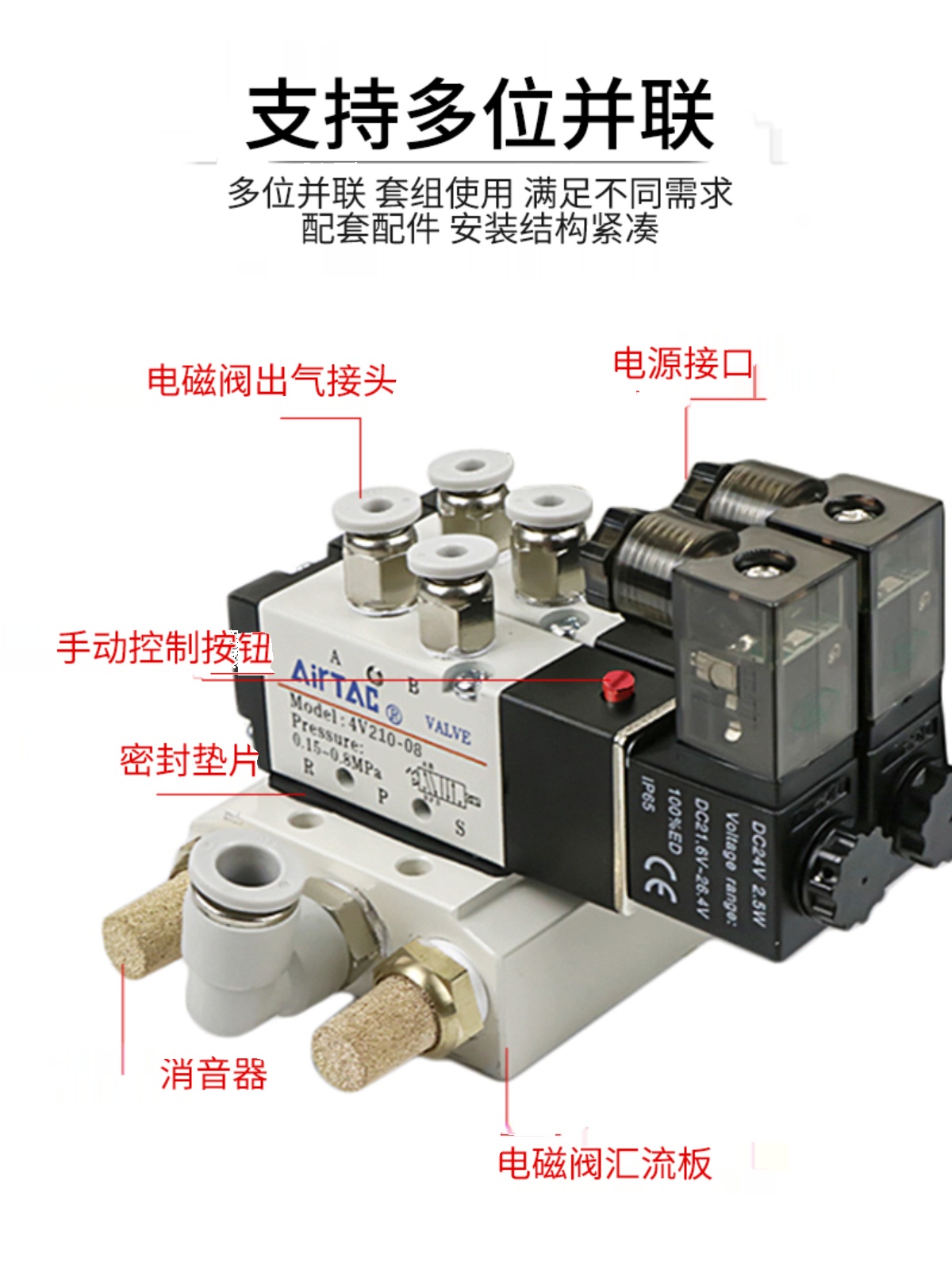 亚德客气动电磁阀4V210-08V电磁电阀4V310-10控制阀220V气阀24V06