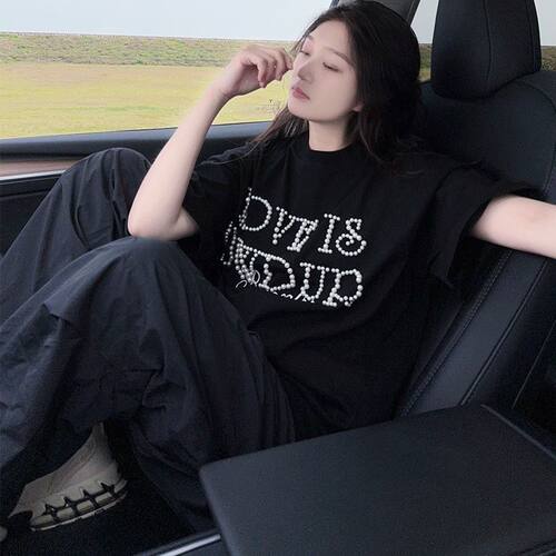 大码胖MM美式复古珍珠字母短袖T恤女夏季2025新款宽松显瘦上衣ins - 图0