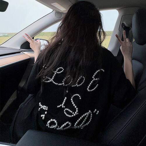 大码胖MM美式复古珍珠字母短袖T恤女夏季2025新款宽松显瘦上衣ins - 图3