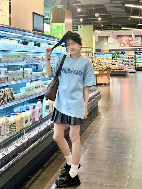 Half sleeve retro light blue oversize pure cotton for women