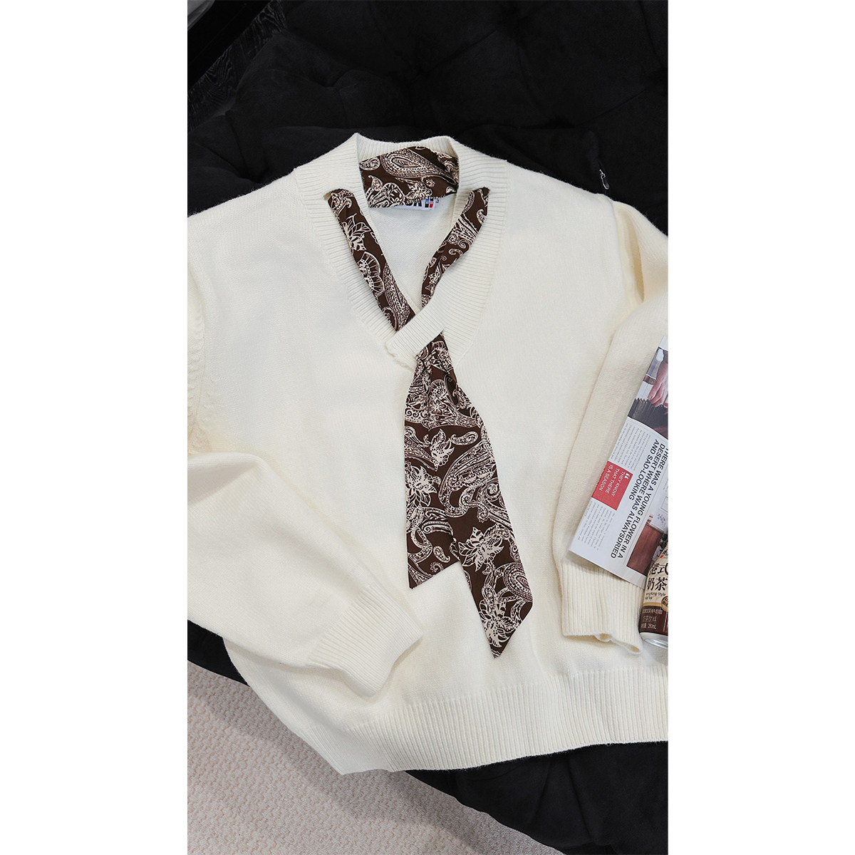 龙叨叨秋季新品复古设计感丝巾系带长袖针织衫男韩系宽松休闲毛衣,淘宝优惠券,粉丝福利购,淘宝优惠卷